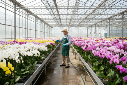 professional watering in nursery for phalaneopsis, provide a square photo